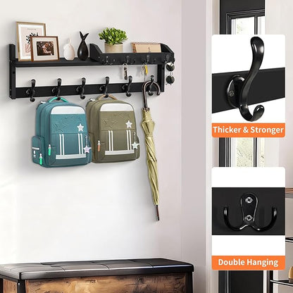 Coat Rack Wall Mount with Shelf, 27.5" Entryway Wall Hanging Shelf, Coat and Key Hanger with 10 Dual Hooks, Mail Organizer and Key Holder Hat Rack for Wall, Wood Coat Hooks with Storage