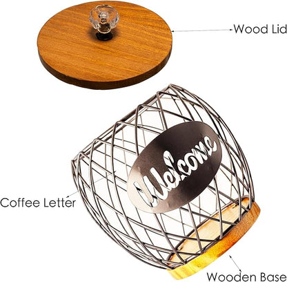 Black Metal Wire Coffee Pod Holder Basket with Wood Base & Lid, Crystal Knob Capsule Organizer Compatible with Nespresso Vertuo, Holds 26 Vertuo or 14 K Cups for Coffee Station Countertop