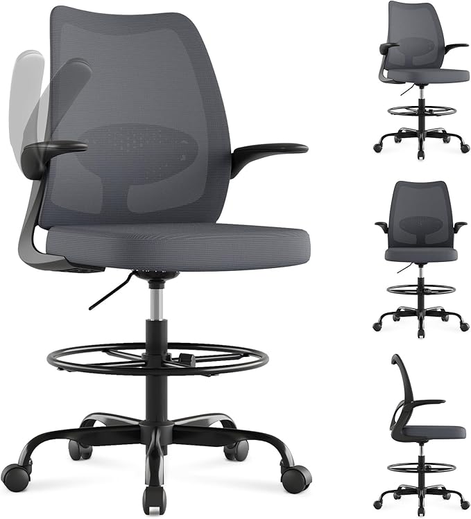Tall Drafting Chair Ergonomic Home Office Desks Chairs Standing Desk Chair with Flip-up Armrests Adjustable Height Breathable Mesh Office Chair with Lumbar Support and Adjustable Footrest Ring Grey