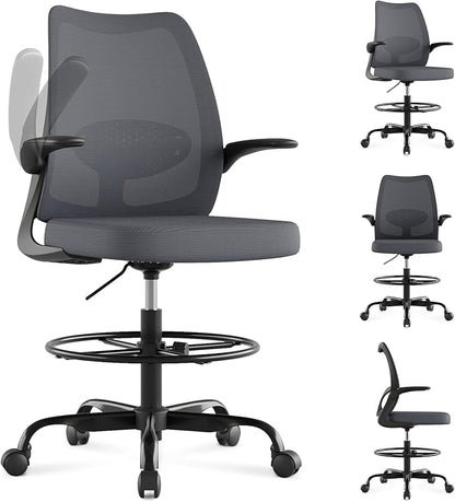 Tall Drafting Chair Ergonomic Home Office Desks Chairs Standing Desk Chair with Flip-up Armrests Adjustable Height Breathable Mesh Office Chair with Lumbar Support and Adjustable Footrest Ring Grey