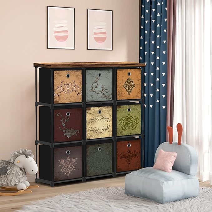 Fabric Dresser with 9 Drawers, DIY Cube Organizer for Closet, Storage Drawer Unit Chest of Drawers for Bedroom, Living Room, Hallway, Dorm, Pattern