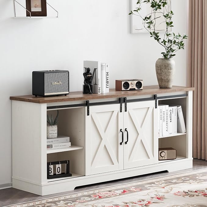 AMERLIFE 4-Piece Farmhouse Table Set Includes Sliding Barn Door TV Stand, Coffee Table& Two End Tables, Side Table with Charging Station and USB Ports for Living Room, Distressed White, 66"