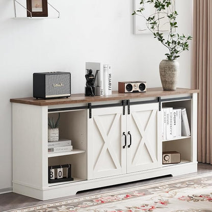 AMERLIFE 4-Piece Farmhouse Table Set Includes Sliding Barn Door TV Stand, Coffee Table& Two End Tables, Side Table with Charging Station and USB Ports for Living Room, Distressed White, 66"