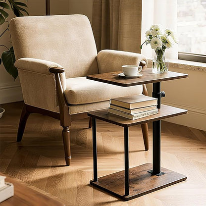360° Swivel Side Table for Height Adjustable, C Shaped End Table for Couch with Storage, 3-Tier Night Stand with Open Shelf, Tv Tray for Small Spaces, Living Room, Bedroom, Rustic Brown