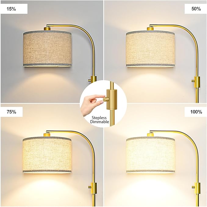 Nintiue Upgraded Modern Arc Dimmable Tall Standing Floor Lamp with Marble Base & Linen Shade, 1200 Lumens LED Bulb Included, for Living & Reading Room, Bedroom, Office & Nursery, Gold