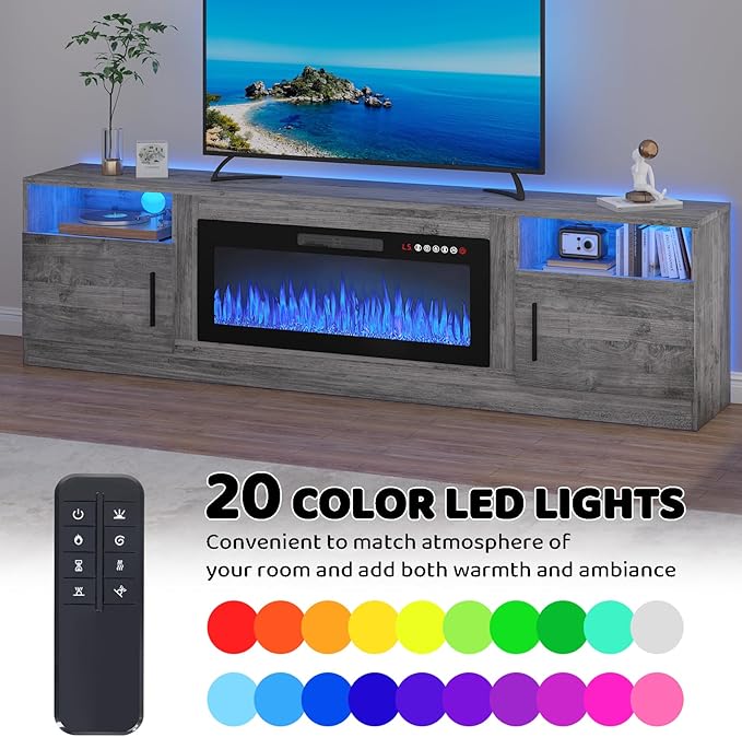 LEMBERI 80 Inch Fireplace TV Stand for TVs up to 90", 36" Electric Fireplace Entertainment Center with 20-Color LED, 300lbs Max Capacity Modern Wood Media Console Cabinet, Gray