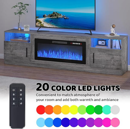 LEMBERI 80 Inch Fireplace TV Stand for TVs up to 90", 36" Electric Fireplace Entertainment Center with 20-Color LED, 300lbs Max Capacity Modern Wood Media Console Cabinet, Gray