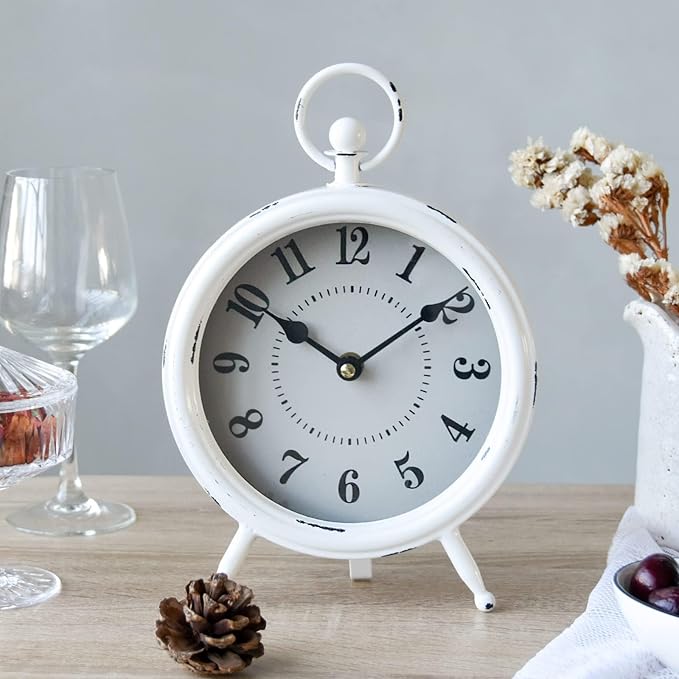 MACVAD Vintage Rustic White Table Clock on Stand, Decorative Desk and Shelf Clock Farmhouse Mantel Clock Rustic Non-Ticking Clock
