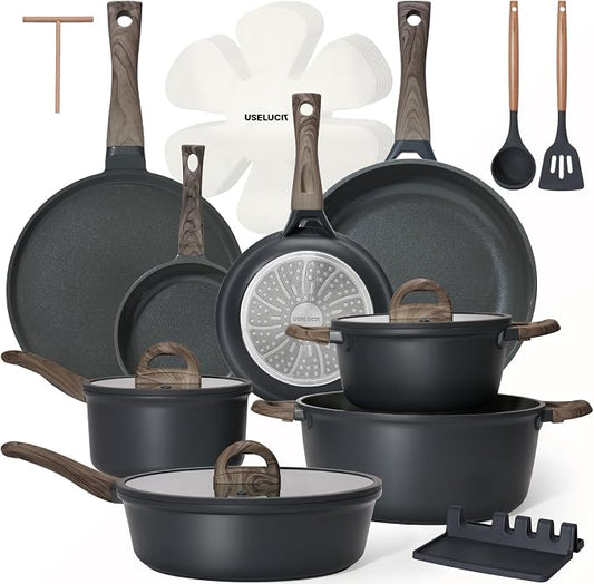 USELUCK Pots and Pans Set Nonstick 22 Pcs, Ceramic cookware set Non-Toxic CoatingGray Granite Kitchen Cookware Set, Induction Kitchen Cooking Set w/Frying Pans & Glass Lids, PFOS & PFOA Free