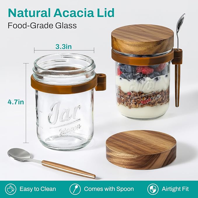 4 Pack Overnight Oats Containers with Wooden Lids and Spoons, 16oz Glass Mason Overnight Oats Jars with Lids, Large Capacity Airtight Jars for Milk, Cereal, Fruit