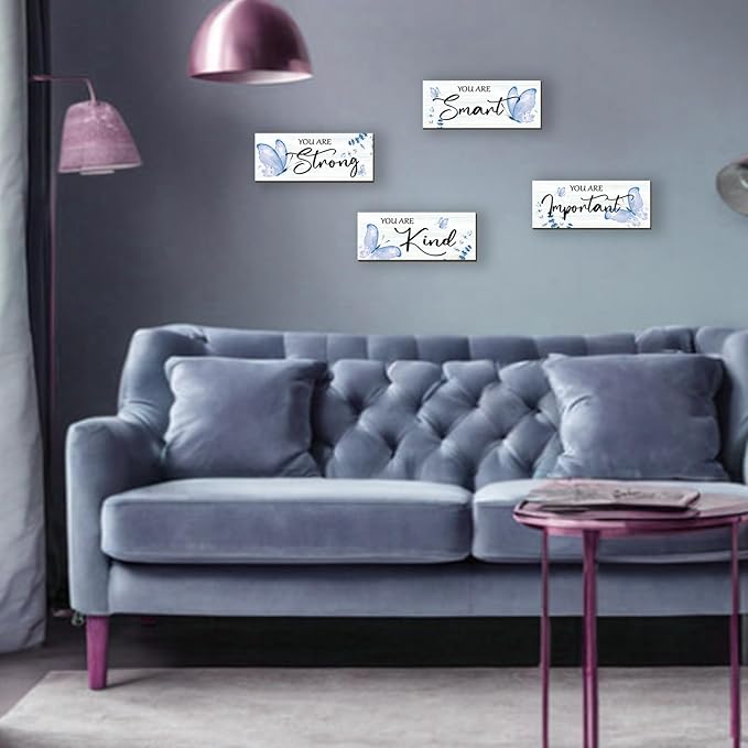 DONFENTHY 4 Pcs Butterfly Wall Decor Blue Room Decor Wooden Positive Decor with Butterfly Inspirational Word Sign for Teen Girls Women Room Bathroom Bedroom Office Decor(Blue,10x4 Inch)