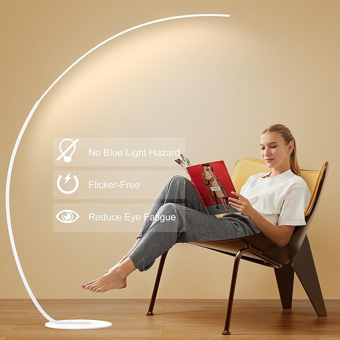 Adjustable White Light Modern 69.99 inch Arched Standing Reading Floor Lamp with Remote - Dimmable White Led Curved Light for Bedroom and Reading Room