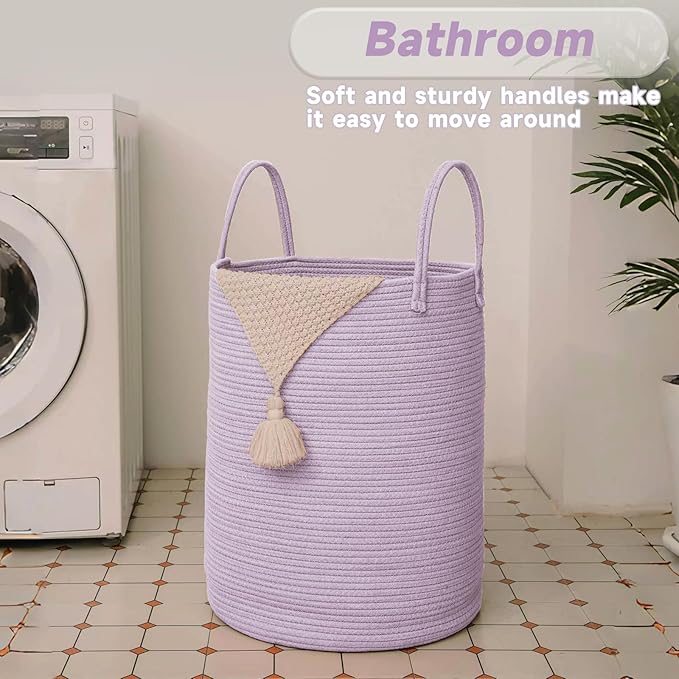 JMvicyroam Large Woven Laundry Basket Hamper,100L Cotton Rope Storage Bin for Blankets,Toys and Clothes,Decorative Tall Nursery Hamper for Living Room,Baby Nursery,Bathroom and Bedroom,Purple