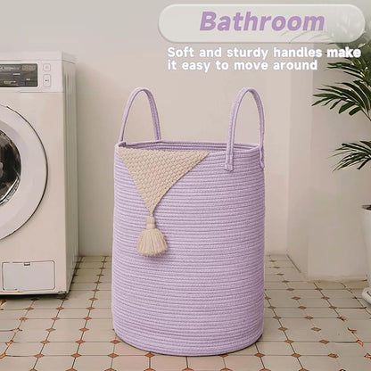 JMvicyroam Large Woven Laundry Basket Hamper,100L Cotton Rope Storage Bin for Blankets,Toys and Clothes,Decorative Tall Nursery Hamper for Living Room,Baby Nursery,Bathroom and Bedroom,Purple