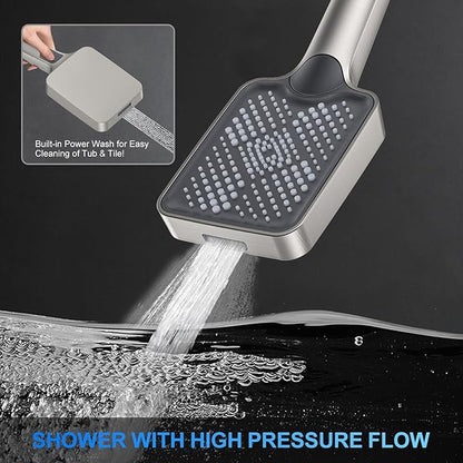 Shower Faucet Set, 10" Wall Mount Rainfall Shower System with 2 Rain Shower Head and Multi-function Handheld Head Push Button Diverter Shower Faucet Trim Kit Brushed Nickel