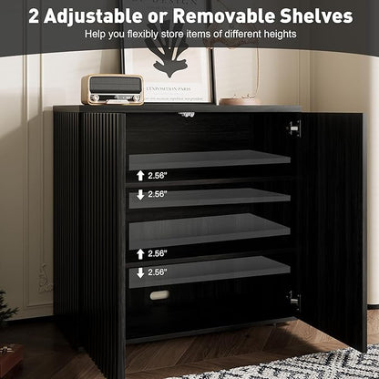 Rophefx Fluted Sideboard Cabinet, 126" Buffet Cabinet with Storage, Credenza Storage Cabinets with Adjustable Shelf, Wood Entryway Cabinets with Pop-up Doors for Living Room, Entryway, Black Grey