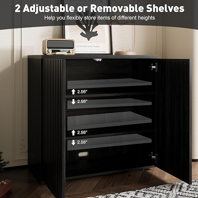 Rophefx Fluted Sideboard Cabinet, 63" Buffet Cabinet with Storage, Credenza Storage Cabinets with Adjustable Shelf, Wood Entryway Cabinets with Pop-up Doors for Living Room, Entryway, Black Grey
