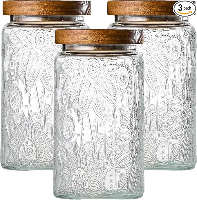 Adodeen 3-Pack 32oz Vintage Glass Jar With Lid, Glass Storage Containers, Airtight Kitchen Storage Containers For Sugar, Coffee, Tea, Spice, Flour, Candy Cookie, Pasta, Cereal