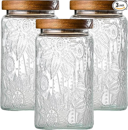 Adodeen 3-Pack 32oz Vintage Glass Jar With Lid, Glass Storage Containers, Airtight Kitchen Storage Containers For Sugar, Coffee, Tea, Spice, Flour, Candy Cookie, Pasta, Cereal