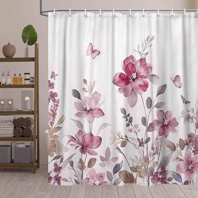 Lavender Pink Floral Shower Curtain, Lavender Pink Floral Butterfly Boho Shower Curtains for Bathroom, Farmhous Flower Cute Fabric Shower Curtain Set with 12PCS Hooks, 36X70IN