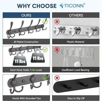 TICONN Wall Mounted Coat Rack, Five Heavy Duty Tri Hooks All Metal Construction for Jacket Coat Hat in Mudroom Entryway (Space Gray, 1-Pack)