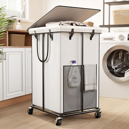 40 Gal Large Laundry Hamper with Lid, Rolling Laundry Basket with Wheels, Oxford Fabric Dirty Clothes Hampers with Removable Laundry Bag & Metal Frame for Bedroom, Laundry Room, Bathroom, Dorm(White)