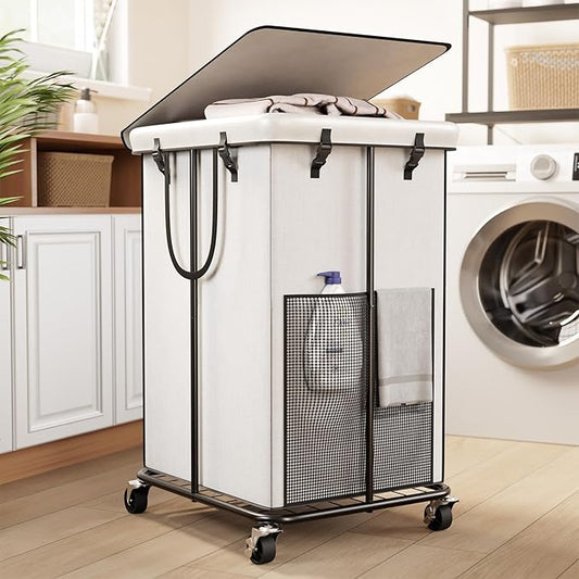 40 Gal Large Laundry Hamper with Lid, Rolling Laundry Basket with Wheels, Oxford Fabric Dirty Clothes Hampers with Removable Laundry Bag & Metal Frame for Bedroom, Laundry Room, Bathroom, Dorm(White)