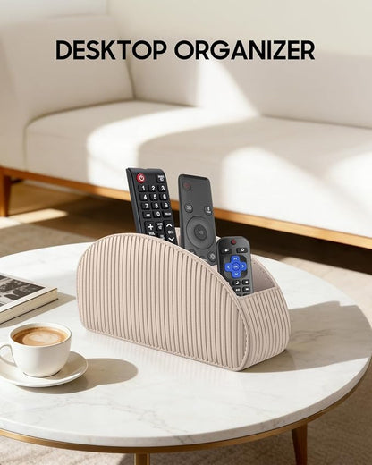 SITHON Remote Control Holder with 5 Compartments - PU Leather Remote Caddy Desktop Organizer Store TV, DVD, Blu-Ray, Media Player, Heater Controllers, Stripe Latte
