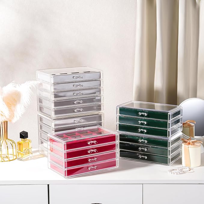 Lolalet Earring Holder Organizer Box Jewelry Storage with 6 Drawers, Clear Acrylic Stackable Earring Case with Adjustable Velvet Trays for Women on Dresser Vanity -Red, 6 Layers