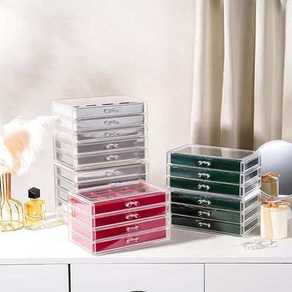 Lolalet Earring Holder Organizer Box Jewelry Storage with 6 Drawers, Clear Acrylic Stackable Earring Case with Adjustable Velvet Trays for Women on Dresser Vanity -Red, 6 Layers