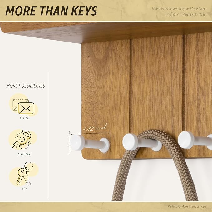 Rebee Vision Decorative Key Holder Wall Mount - Modern Farmhouse Key and Mail Holder for Wall with 7 Hooks and Floating Shelf - The Perfect Apartment Essentials in Your Home Decor (Light Brown)