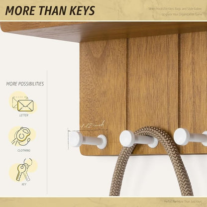 Rebee Vision Decorative Key Holder Wall Mount - Modern Farmhouse Key and Mail Holder for Wall with 7 Hooks and Floating Shelf - The Perfect Apartment Essentials in Your Home Decor (Light Brown)