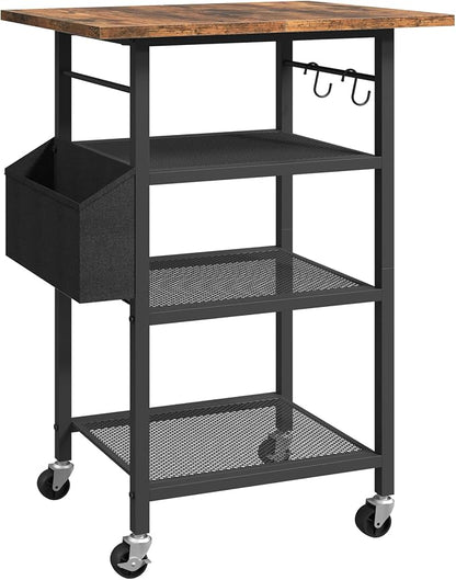 MAHANCRIS 4-Tier Printer Stand, Rolling Printer Table on Wheels, Industrial Storage Stand with Side Pocket, Wooden Tabletop, 2 S-Shaped Hooks, for Home Office, Rustic Brown and Black PTHR2601