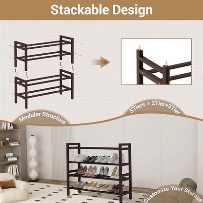 Haddockway Bamboo Shoe Rack for Closet, Free Standing Shoe Organizer with Smooth Round Rods & Convenient Handles, Stackable Shoe Storage Shelf for Entryway, Hallway(Brown, 4-Tier)