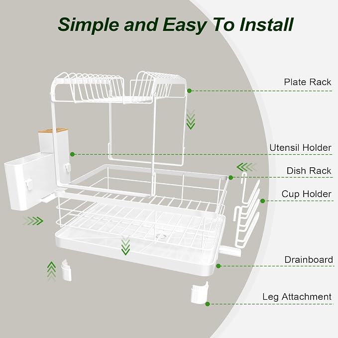 Runnatal Dish Rack with Drainboard, 2-Tier Dish Drying Rack for Kitchen Counter and Sink, Detachable 2-in-1 Utensil Holder, Cup Holder, Large Capacity Dish Drainer, White