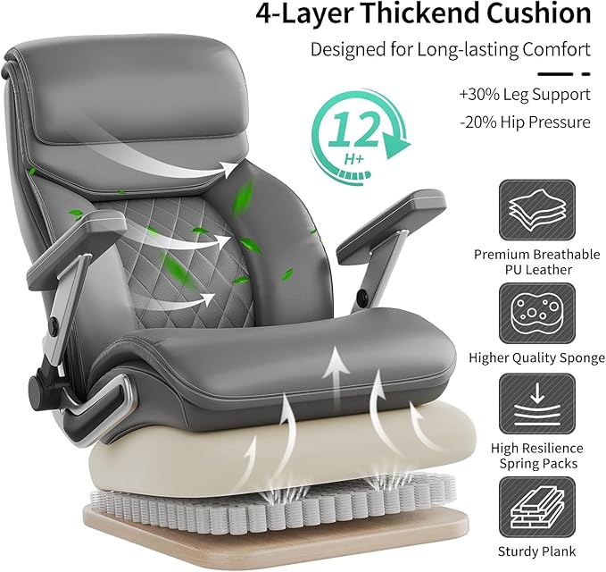 Big and Tall Office Chair with 5D Arms, 600lbs Heavy Duty Desk Chair with Adjustable Lumbar Support, PU Leather High Back Ergonomic Executive Computer Chair with 3'' Silent Casters