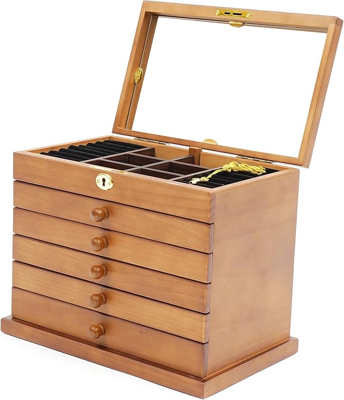 6-layer Jewelry Box Organizer with Lock and Mirror, Wooden Jewelry Boxes & Organizers,Jewelry Storage for Rings Earrings Necklaces Bracelets Christmas New Year Gifts