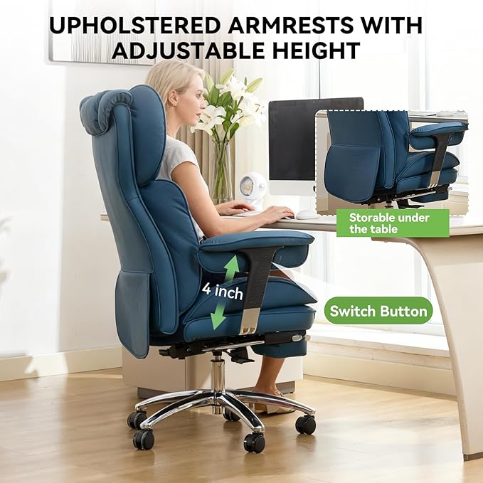 Efomao Big & Tall Executive Office Chair with Footrest - 400lbs Heavy Duty High Back PU Leather Desk Chair, Modern Ergonomic Reclining Computer Chair, Blue