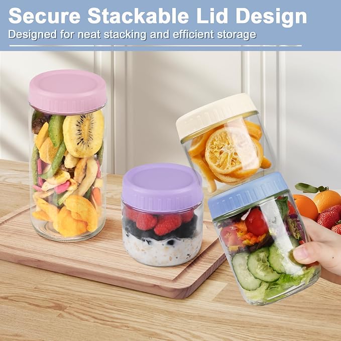 Overnight Oats Containers with Lids, 10 & 16 & 24 oz Wide Mouth Mason Jars with Lids, 6 Pack Glass Jars with Airtight lid for Chia Pudding Yogurt Salad, Meal Prer Oatmeal Jars