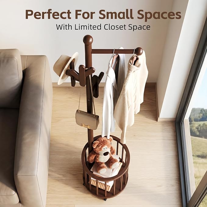 Uniclinens Freestanding Wooden Coat Rack with Umbrella Holder，Walnut Coat Rack with Hooks, Space-Saving Entryway Organizer for Hanging Clothes and Storing Towels, Bedroom, Living Room