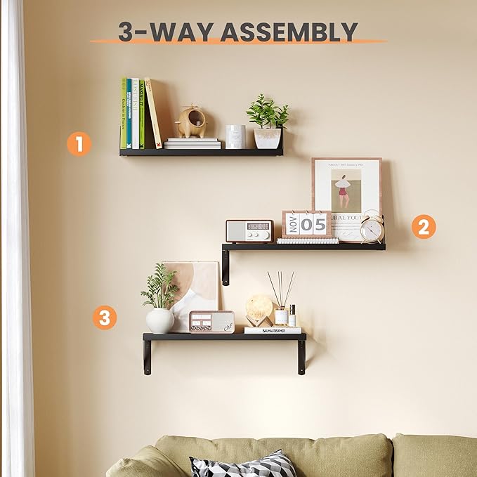 upsimples Floating Book Shelves for Wall, 23.6 Inches Floating Wood Shelves for Living Room, Laundry Room, Bedroom, Office Organizer and Storage, Black