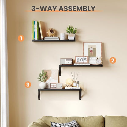 upsimples Floating Book Shelves for Wall, 23.6 Inches Floating Wood Shelves for Living Room, Laundry Room, Bedroom, Office Organizer and Storage, Black
