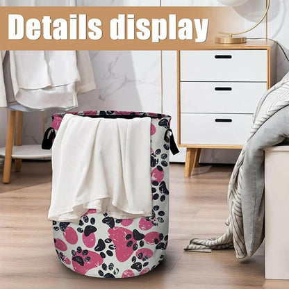 Pink Paw Print Laundry Basket, Foldable Waterproof Laundry Hamper Tote Bag Dirty Clothes Storage Bucket Toy Organizer for Bathroom/Laundry/Bedroom 15.7"x19.6"