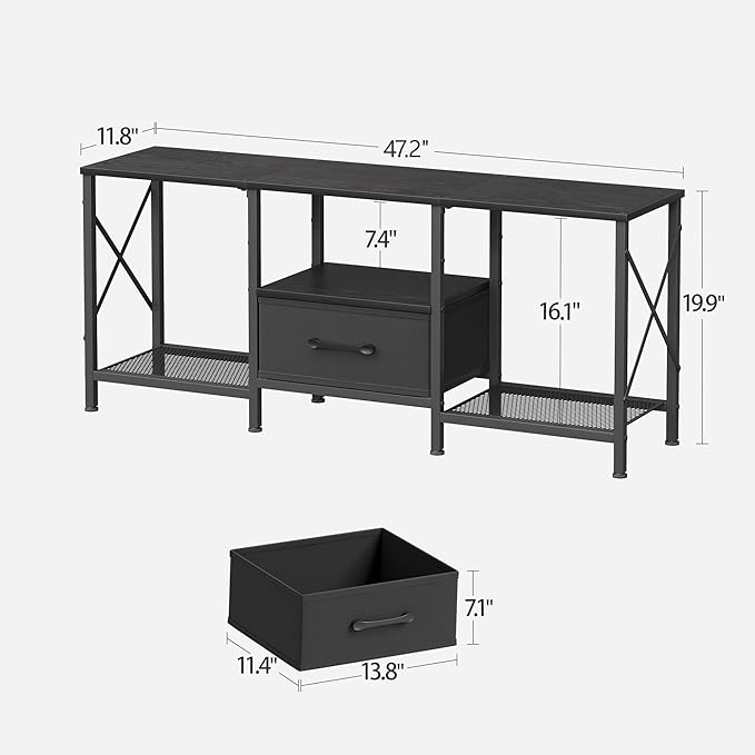 JARHETUN TV Stand with Fabric Drawer, Entertainment Center for 50 55 Inch TV, Industrial TV Console Table with Open Storage Shelves for Living Room, Bedroom, Black