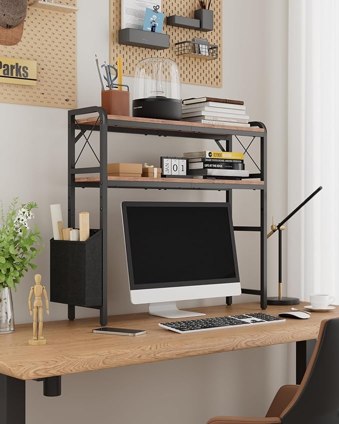 Desktop Shelves, Monitor Stand with Adjustable Shelves and Side Pockets, 2-Tier Desktop Bookshelf Organizer, Large Capacity Display Shelf Rack, Desk Hutch for Home Office, Rustic Brown
