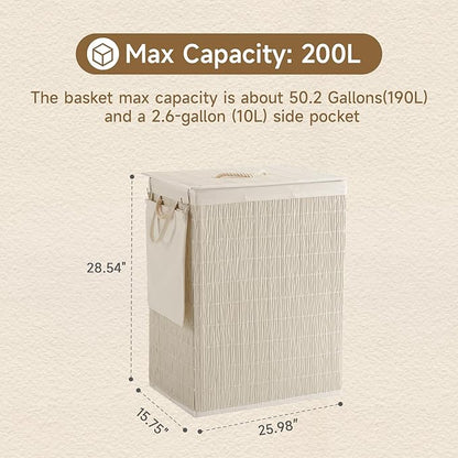 Laundry Hamper with Lid, 52.8 Gallon(200L) Large Laundry Basket 2 Removable Liner Bags, Synthetic Rattan Clothes Hamper with Side Pocket, laundry organization for bathroom, laundry room, White