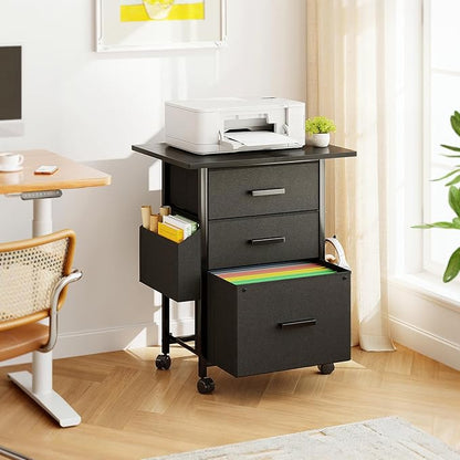 Mexin 3 Drawer File Cabinet with 22'' Extended Desktop, Mobile Filing Cabinet, Printer Stand, Rolling Printer Stand with Side Bag, Fabric Drawer, Fits A4 Size, Home Office, Black