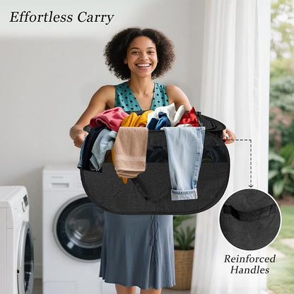 Upgraded 100L Extra Large Mesh Pop Up Laundry Hamper with Lid & Handles, XL Foldable Dirty Clothes Basket for Home Dorm Closet Storage, Portable Laundry Bin, Black. H