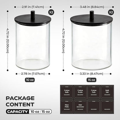 Glass Qtip Holder Dispenser Set - 15oz & 10oz Cotton Swab Holder with Black Wooden Lids, Bathroom Canisters Apothecary Jar Vanity Storage Organizer for Cotton Balls, Floss Picks (4 Pack)