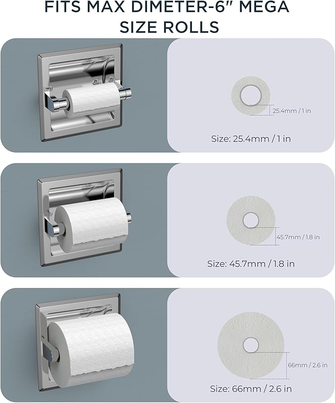 FORIOUS Recessed Toilet Paper Holder, Stainless Steel Durable Tissue Roll Holder Wall Mount for Bathroom Space Saving Design with Mounting Bracket, Wall Toilet Paper Dispenser Insert, Chrome